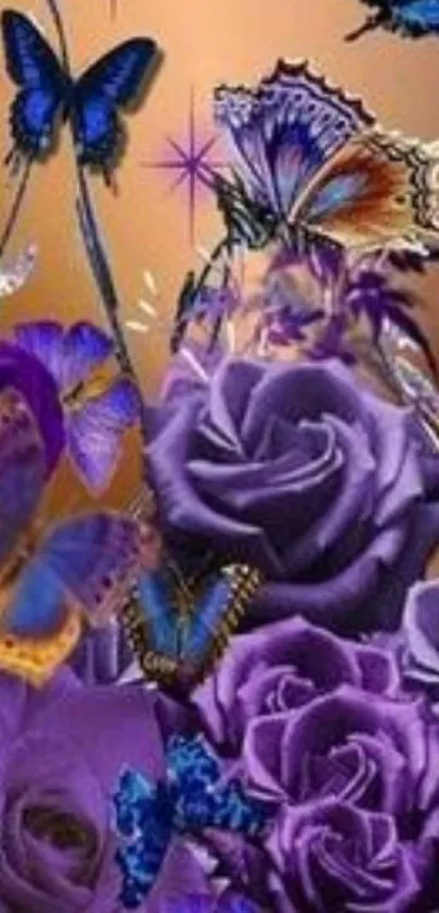 Purple roses with colorful butterflies on a mobile wallpaper.