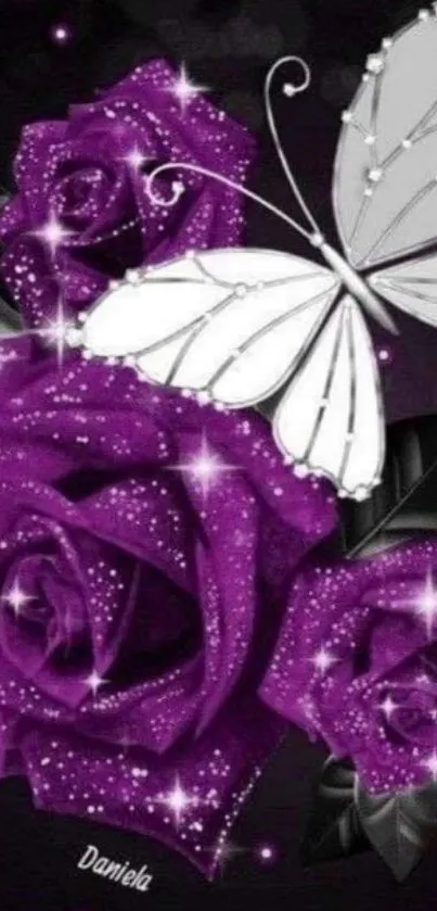 Purple roses with a sparkling white butterfly in a stunning design.