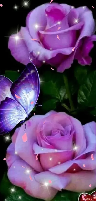 Mobile wallpaper of purple roses and butterfly with a sparkling effect on a dark background.