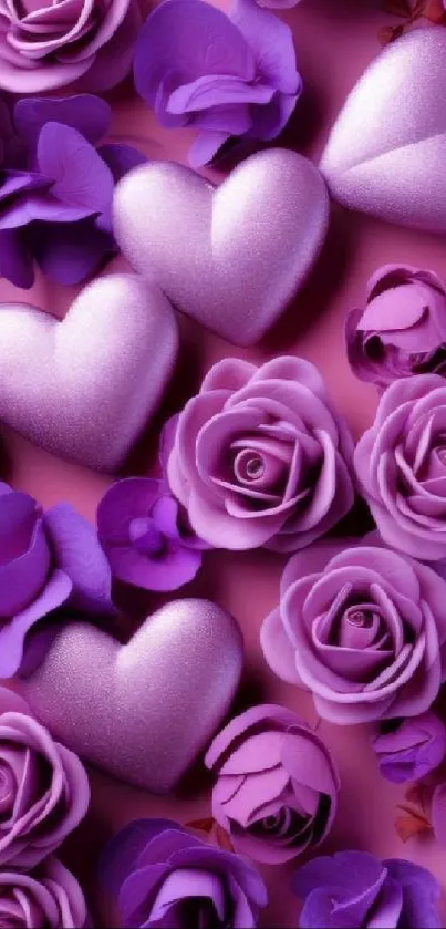 Purple roses and hearts create a romantic mobile wallpaper.