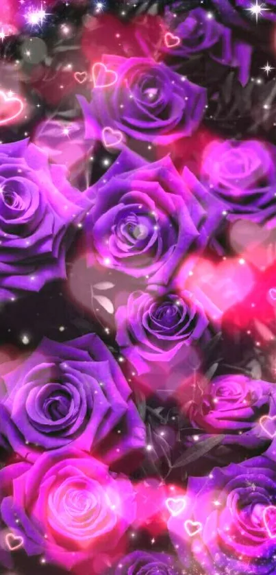 Purple roses with hearts on a galaxy-themed background.