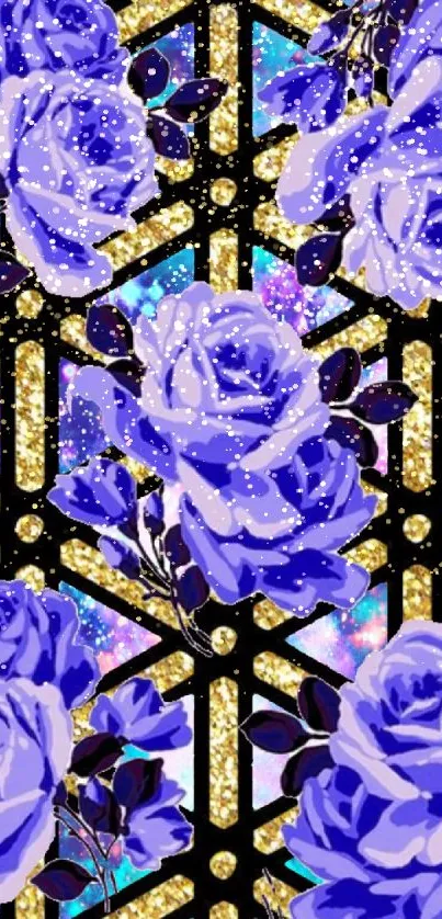 Purple roses and geometric pattern wallpaper.