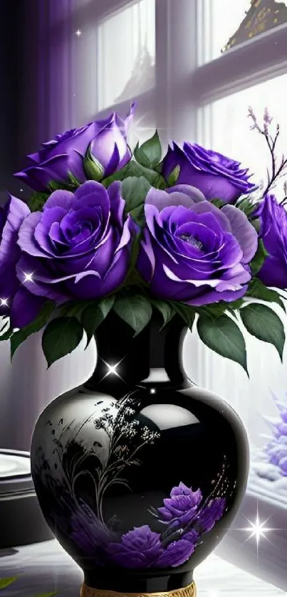 Mobile wallpaper of purple roses in an elegant vase by a window.