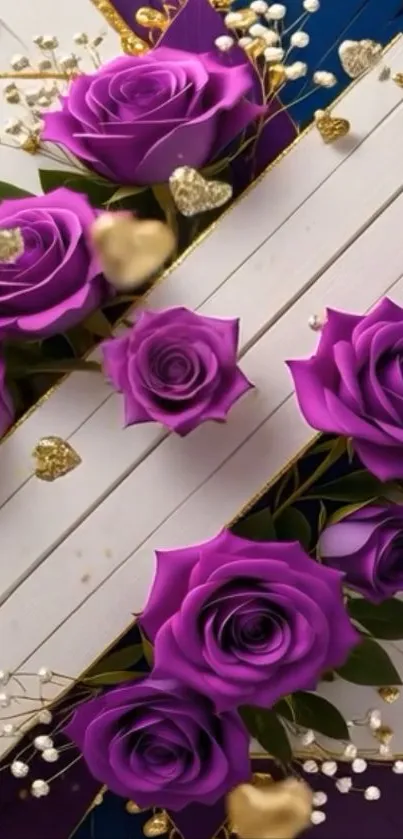 Purple roses on blue and gold background.