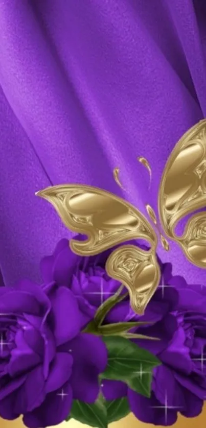 Purple roses and a gold butterfly on a luxurious background.