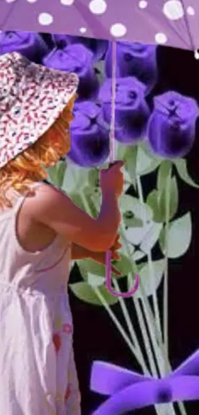 Child with umbrella and purple roses mobile wallpaper.