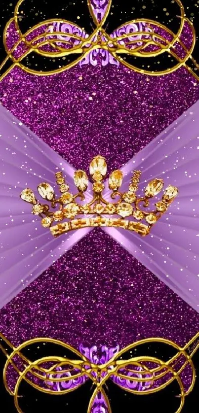 Purple glitter background with golden crown for mobile wallpaper.