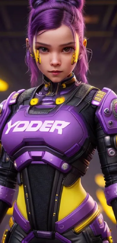 Futuristic sci-fi character in purple armor with neon accents in a corridor.