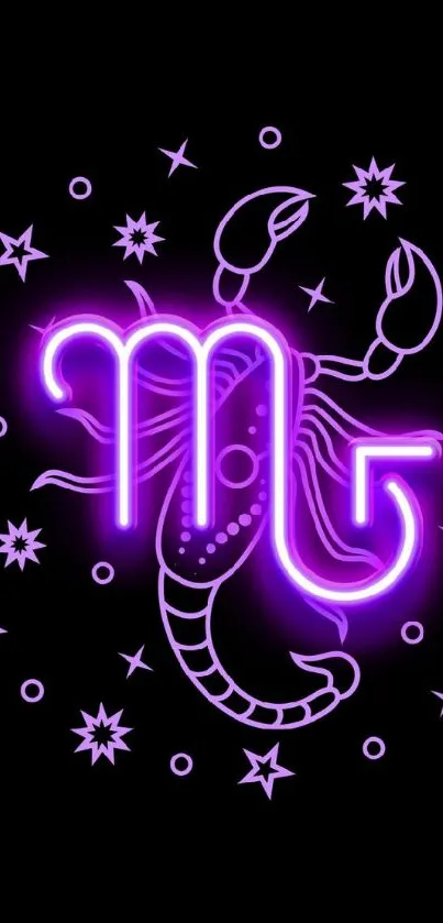 Purple neon Scorpio zodiac with stars art wallpaper.