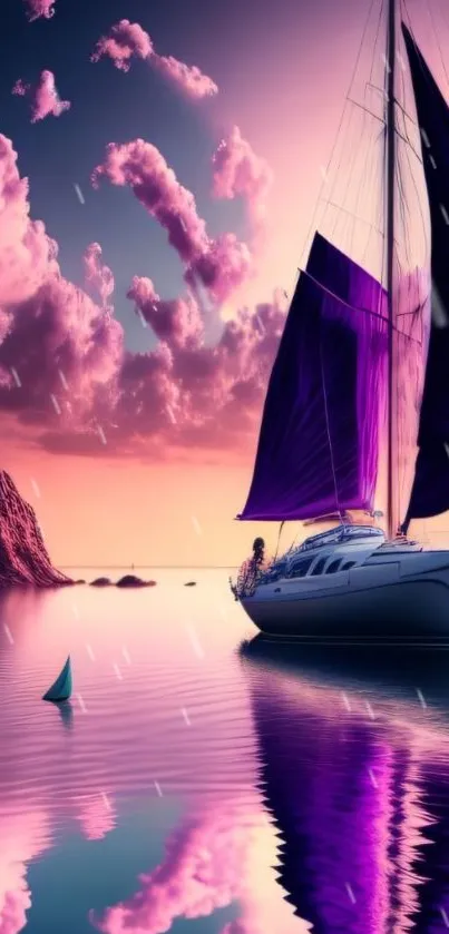 Purple sailboat on calm ocean at twilight, reflecting in the water.