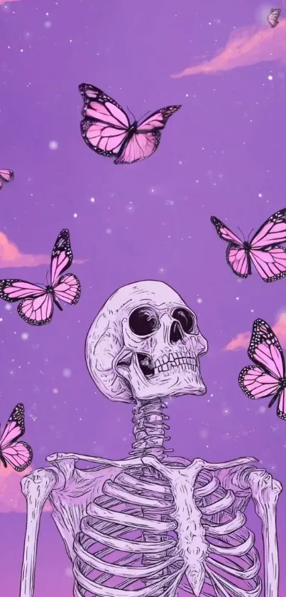 Skeleton with purple butterflies on artistic wallpaper.