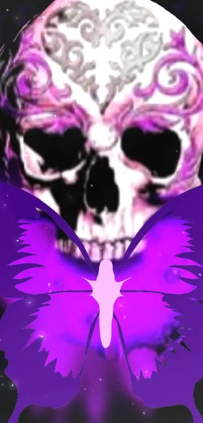 Purple skull and butterfly artistic wallpaper for mobile.