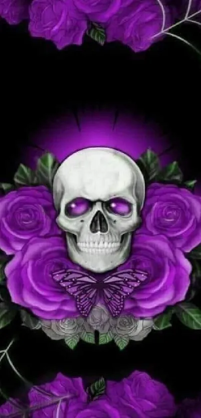 Gothic wallpaper with purple skull and roses design.