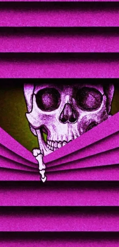 Purple skull peeking through blinds with artistic design.