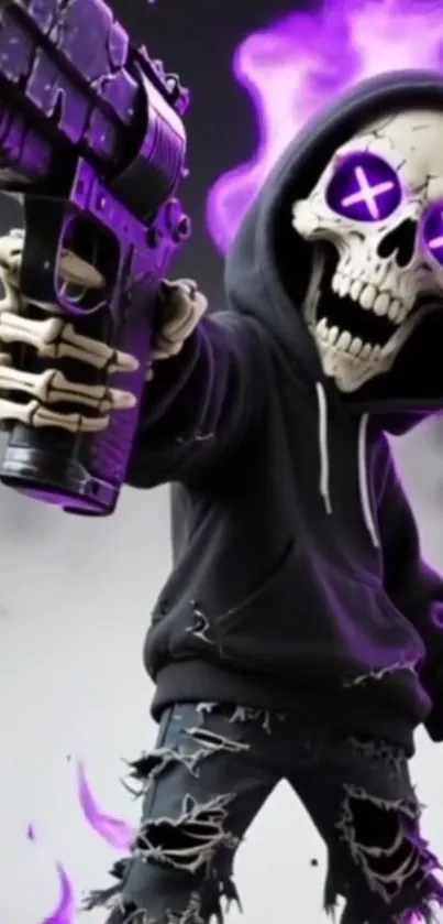 Hooded skeleton with purple flames and gun in artistic wallpaper.