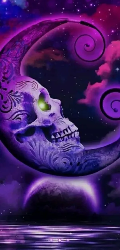 Purple skull moon in cosmic night sky wallpaper.