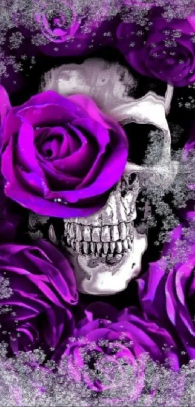 Gothic skull encircled by vibrant purple roses.