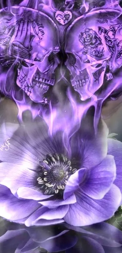 Artistic wallpaper with purple skulls and flower.