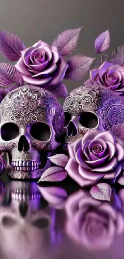 Intricate skull and purple rose art wallpaper.