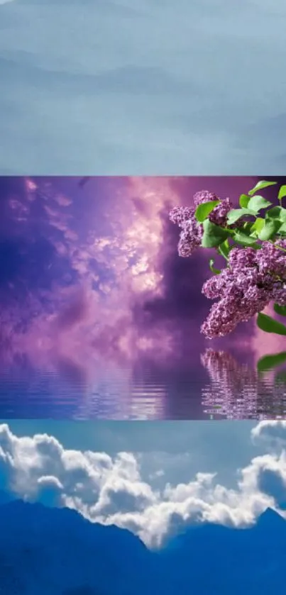 Purple sky and flowers with serene reflections.