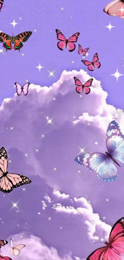 Whimsical wallpaper with butterflies and purple clouds.