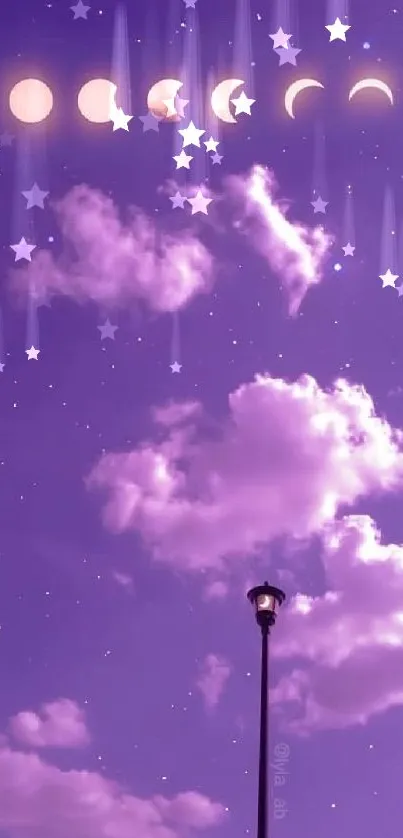 Serene purple sky wallpaper with clouds and moon phases.