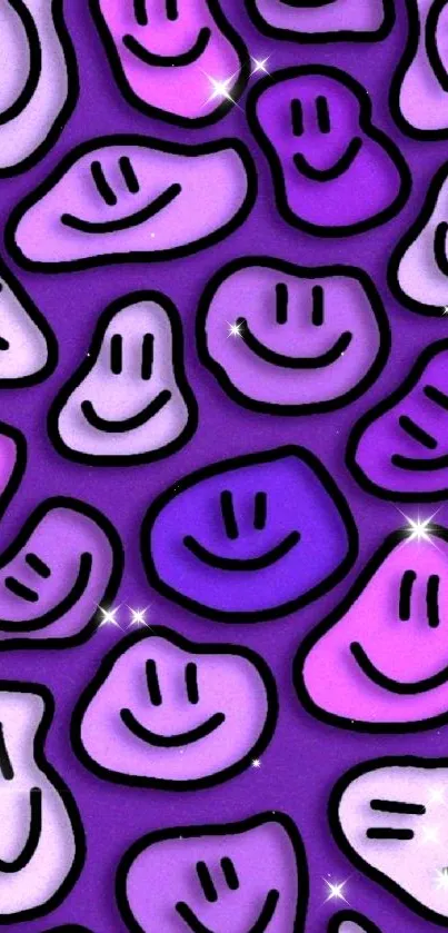 Vibrant purple wallpaper with abstract smiley faces.