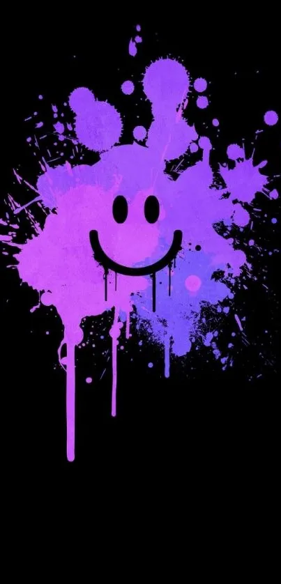 Purple smiley face with splash design on a black background wallpaper.