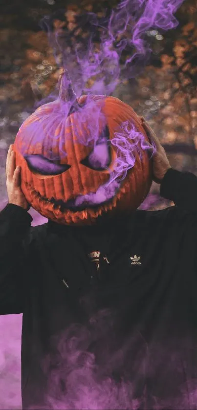 Pumpkin head with purple smoke in spooky Halloween scene.