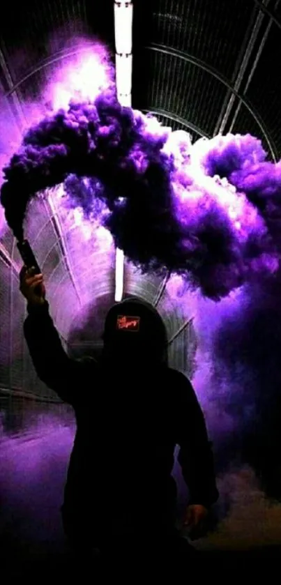 Silhouetted figure with purple smoke in an urban tunnel scene.