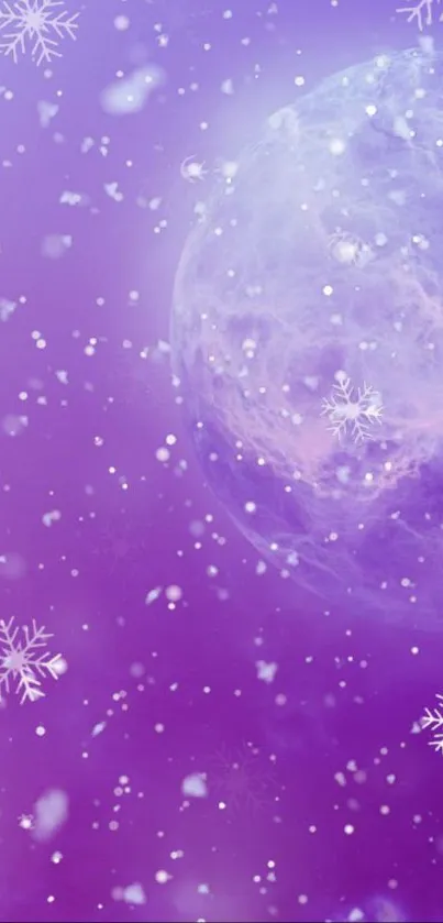 Purple galaxy wallpaper with snowflakes scattered in a cosmic scene.