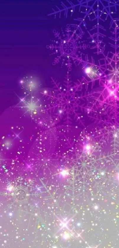 Purple snowflake wallpaper with stars and sparkles.