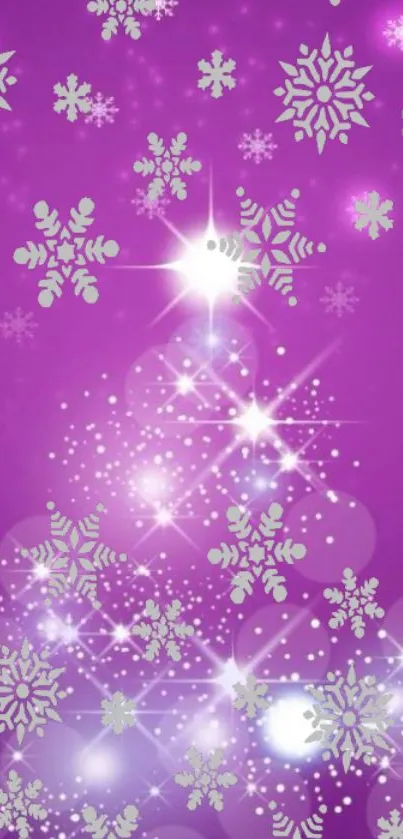 Purple wallpaper with snowflakes and sparkles.