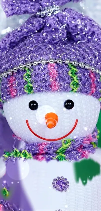 Charming snowman in purple knit attire with festive details.