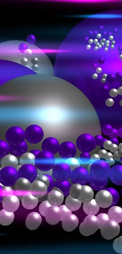 Abstract purple and silver spheres on black background wallpaper.