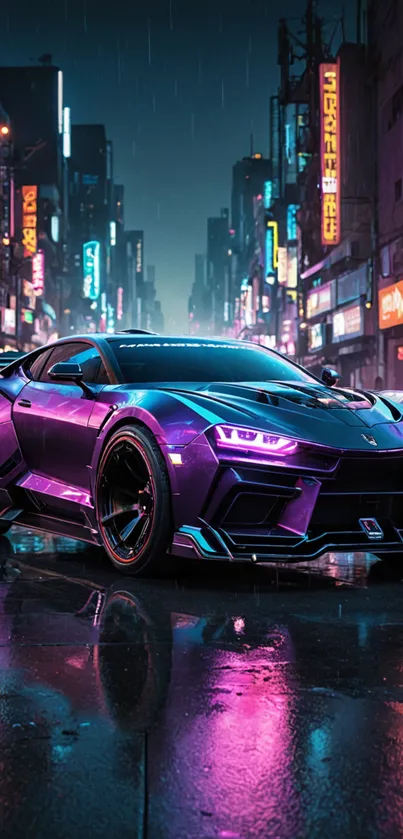 Purple sports car in a neon-lit city street at night.