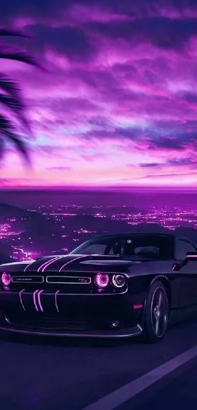 Sleek sports car under a vibrant purple sky.