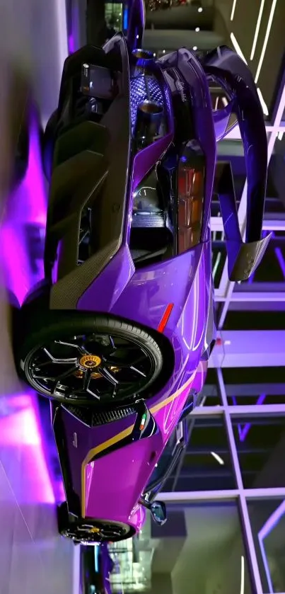 Purple sports car in elegant display with vibrant lighting.