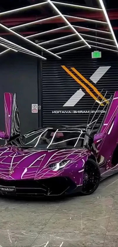 Purple Lamborghini Aventador with open doors in a stylish showroom.