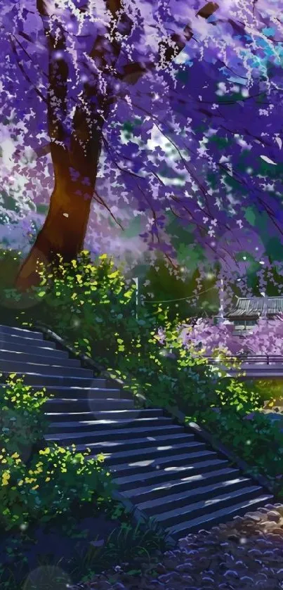 Serene garden path with purple blossoms, tranquil landscape.