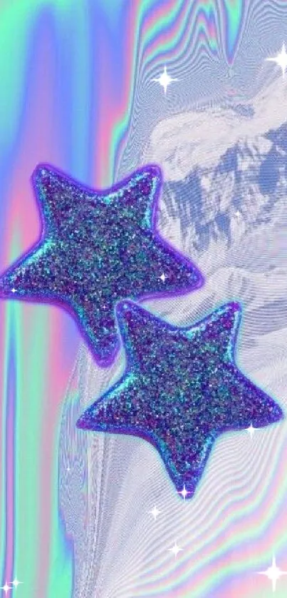 Two glittery purple stars on a holographic mountain backdrop.