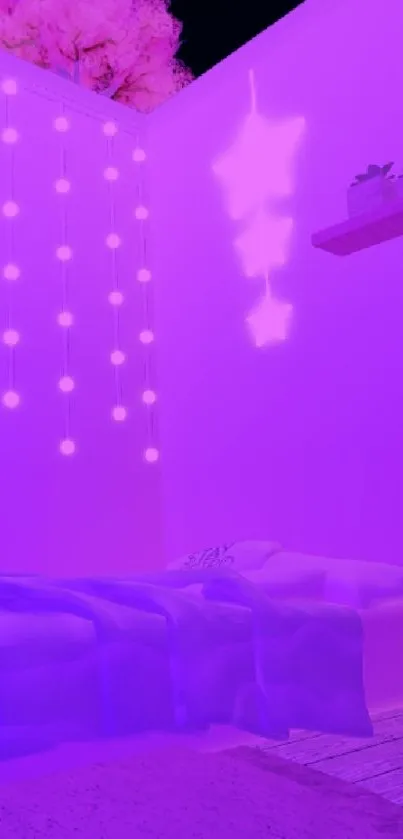 Purple bedroom with starry light decor.