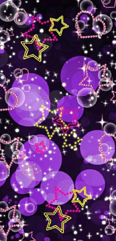 Purple starry night wallpaper with hearts and bubbles.