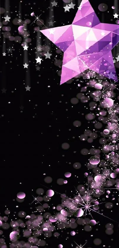 Purple polygonal star with a sparkling trail on a dark background.