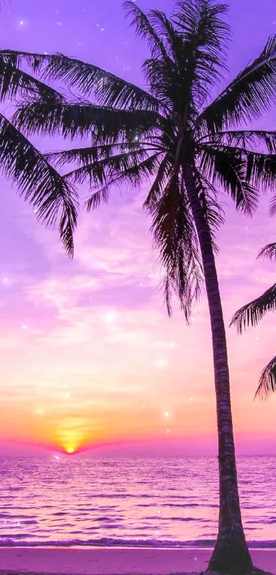 Purple sunset beach with palm trees and ocean view.