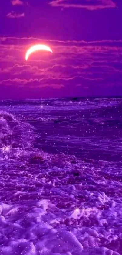 Purple sunset ocean waves under a glowing sky.