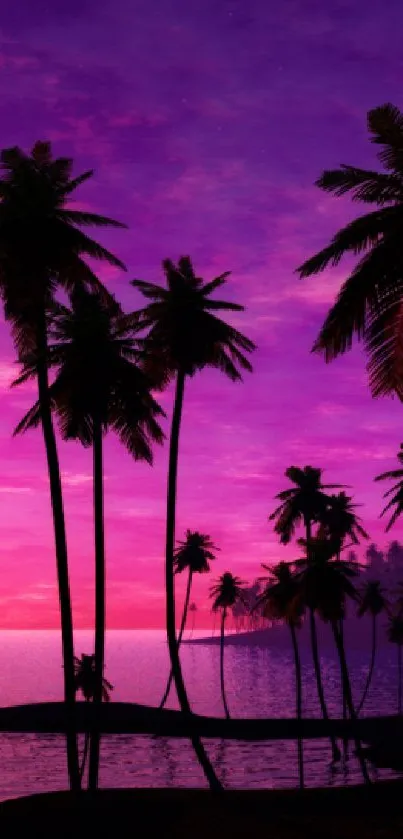 Purple sunset with palm tree silhouettes over ocean.