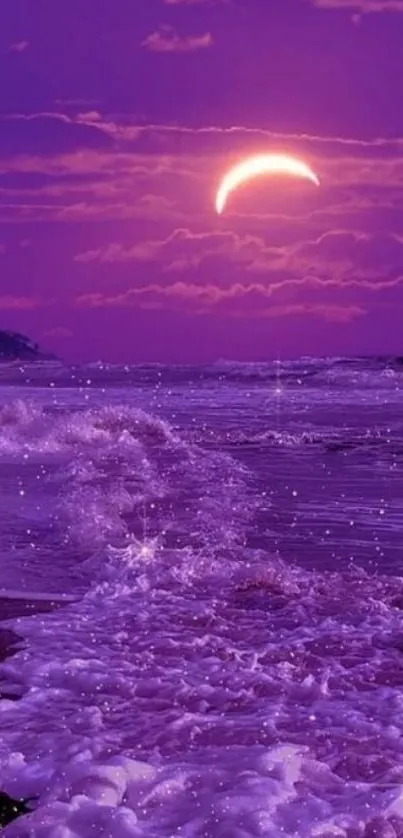 Purple sunset sea with waves crashing on the shore.