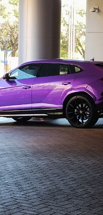 Purple luxury SUV parked in urban setting under soft lighting.