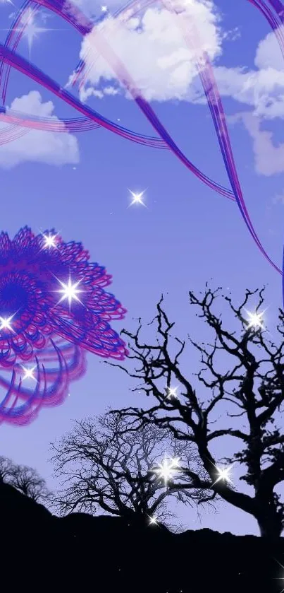 Purple fractal swirl above silhouetted trees in a surreal sky.